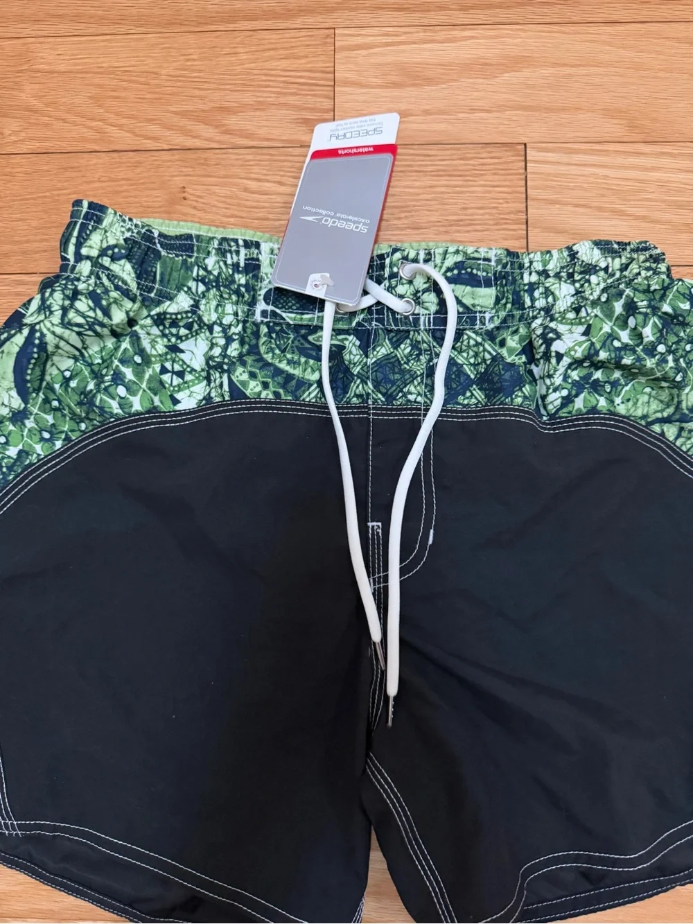 Speedo Black Swim Shorts with Green Patterned Waistband